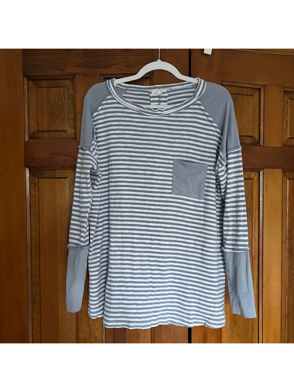 Easel Striped Long Sleeve Shirt with Contrast Pocket and Sleeves, Size S